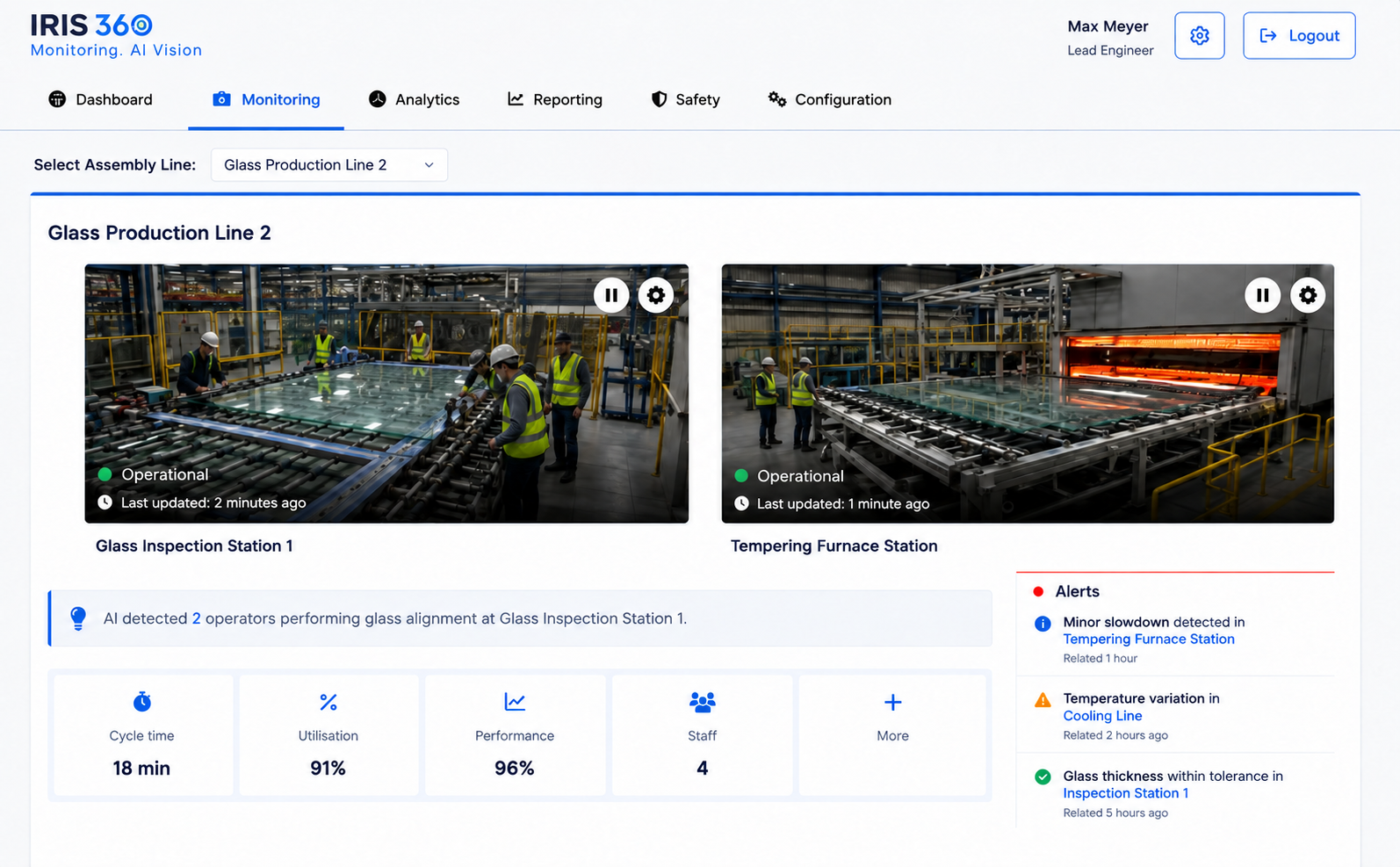 IRIS 360 dashboard showing glass production monitoring, station alerts and operational KPIs